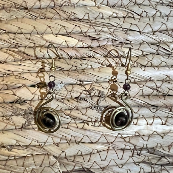 Jewelry - Handmade purple bead East African brass drop dangle swirl earrings